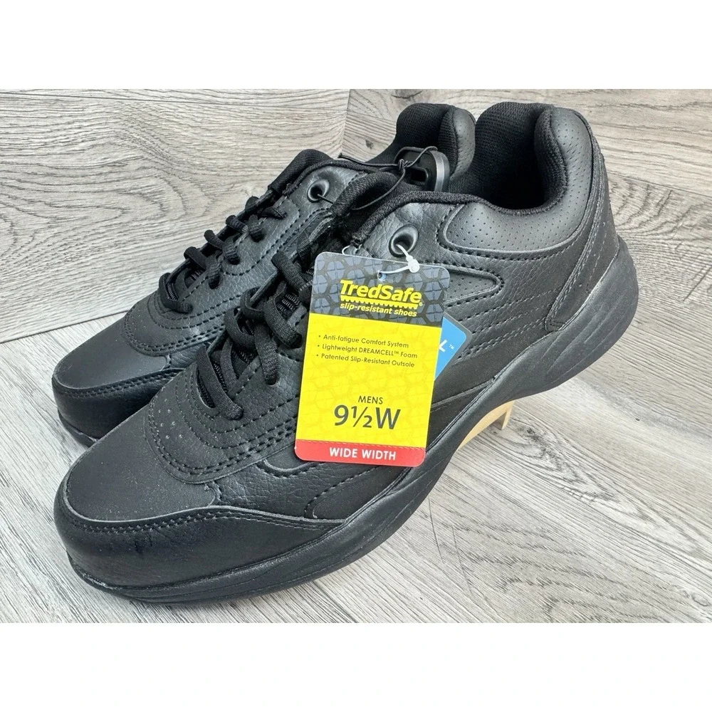 Treadsafe Dustin Non Slip Shoes Men's 9.5 Wide Black Leather Performance Sneaker - Picture 2 of 11